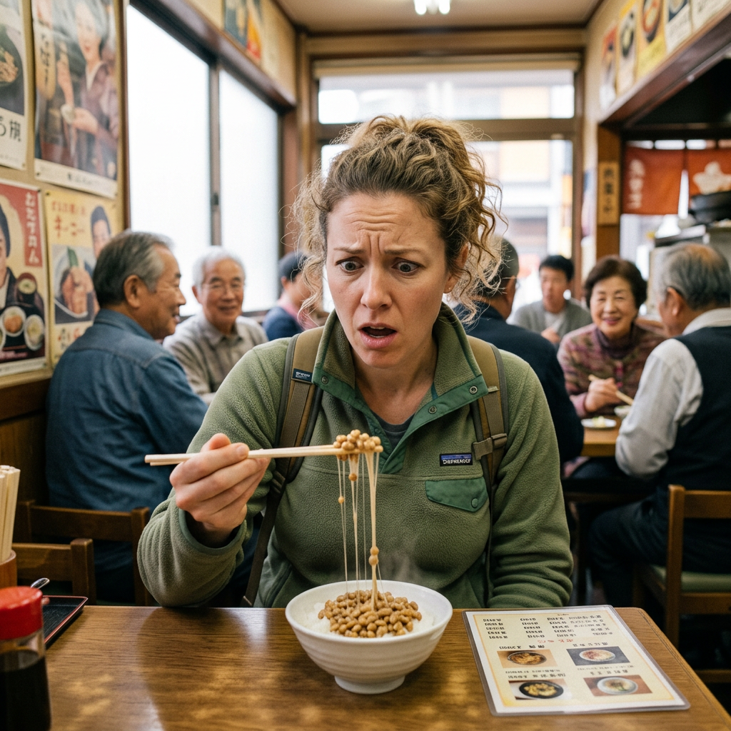 Surprised woman holding noodles with chopsticks in a busy Japanese restaurant