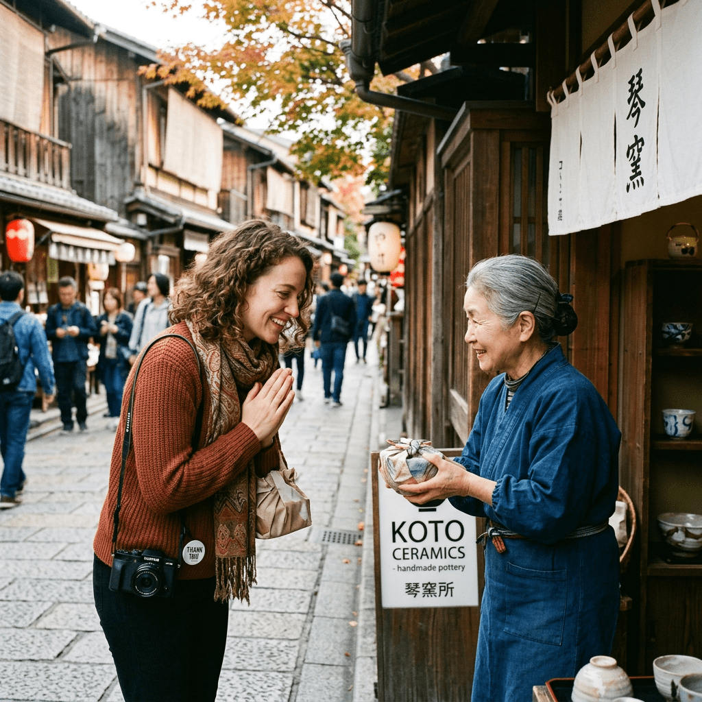 Traveler receiving handmade pottery from a shopkeeper outside a Kyoto ceramics shop